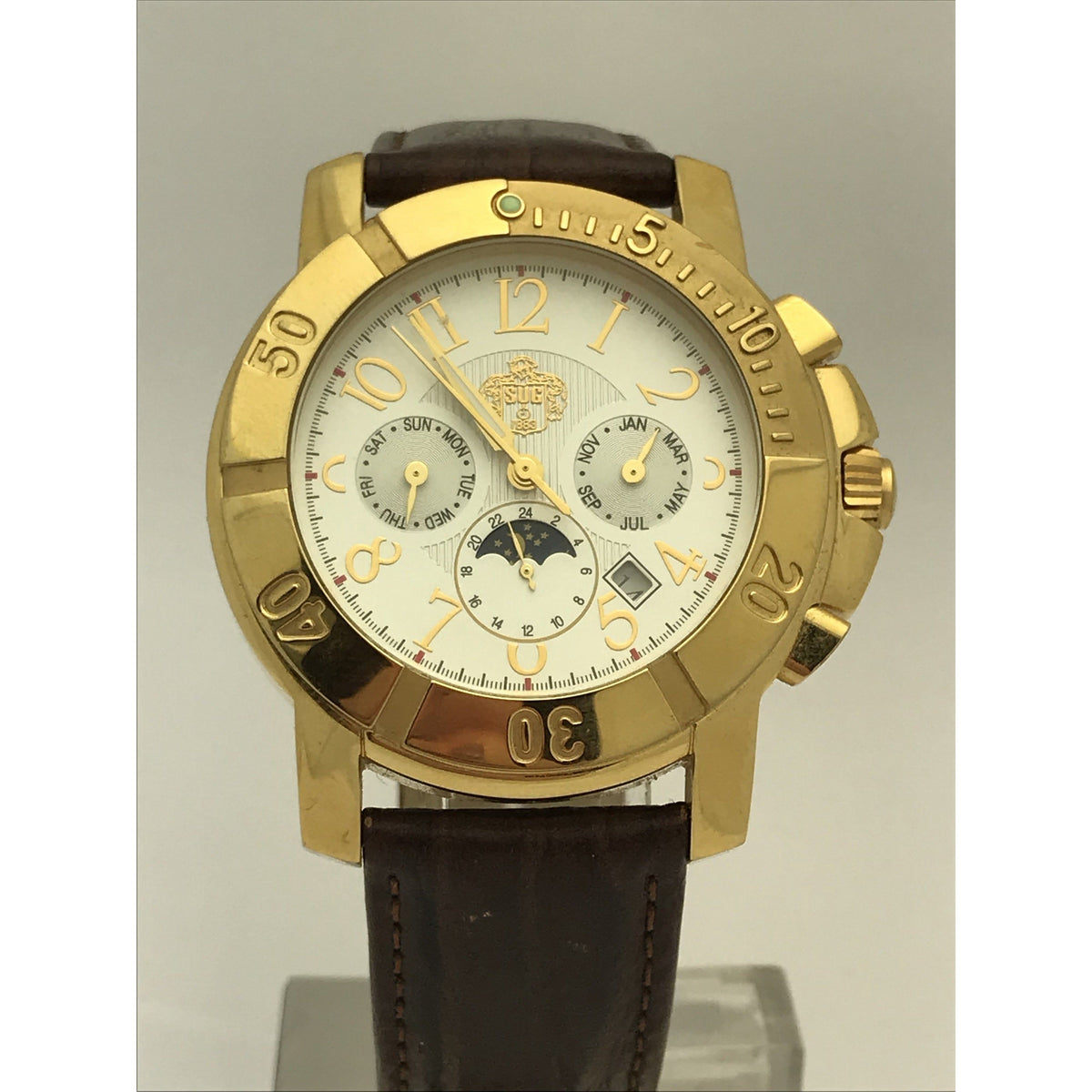 SUG Men's Silver Tone Dial Brown Leather Band Watch S-7005-718
