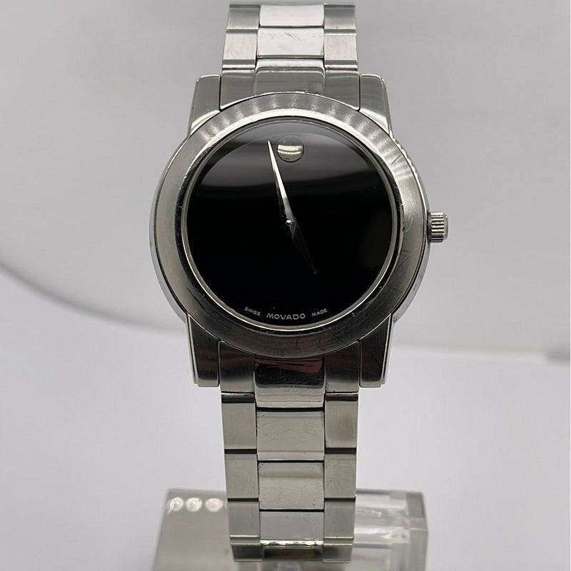Movado Junior Support Men's Black Dial Silver Stainless Steel Bracelet Quartz Watch 84E41893