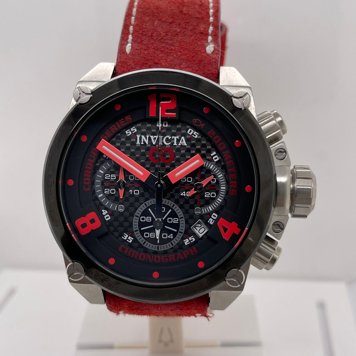 Invicta Men's Corduba Black Dial Red Leather Strap Quartz Watch 22164
