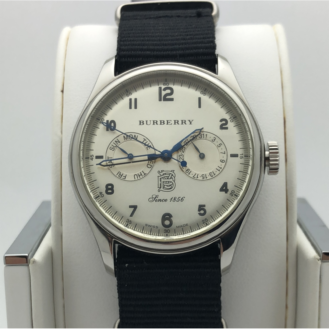 Burberry Unisex Silver Dial Day/Date Black Nylon Strap Watch BU1601