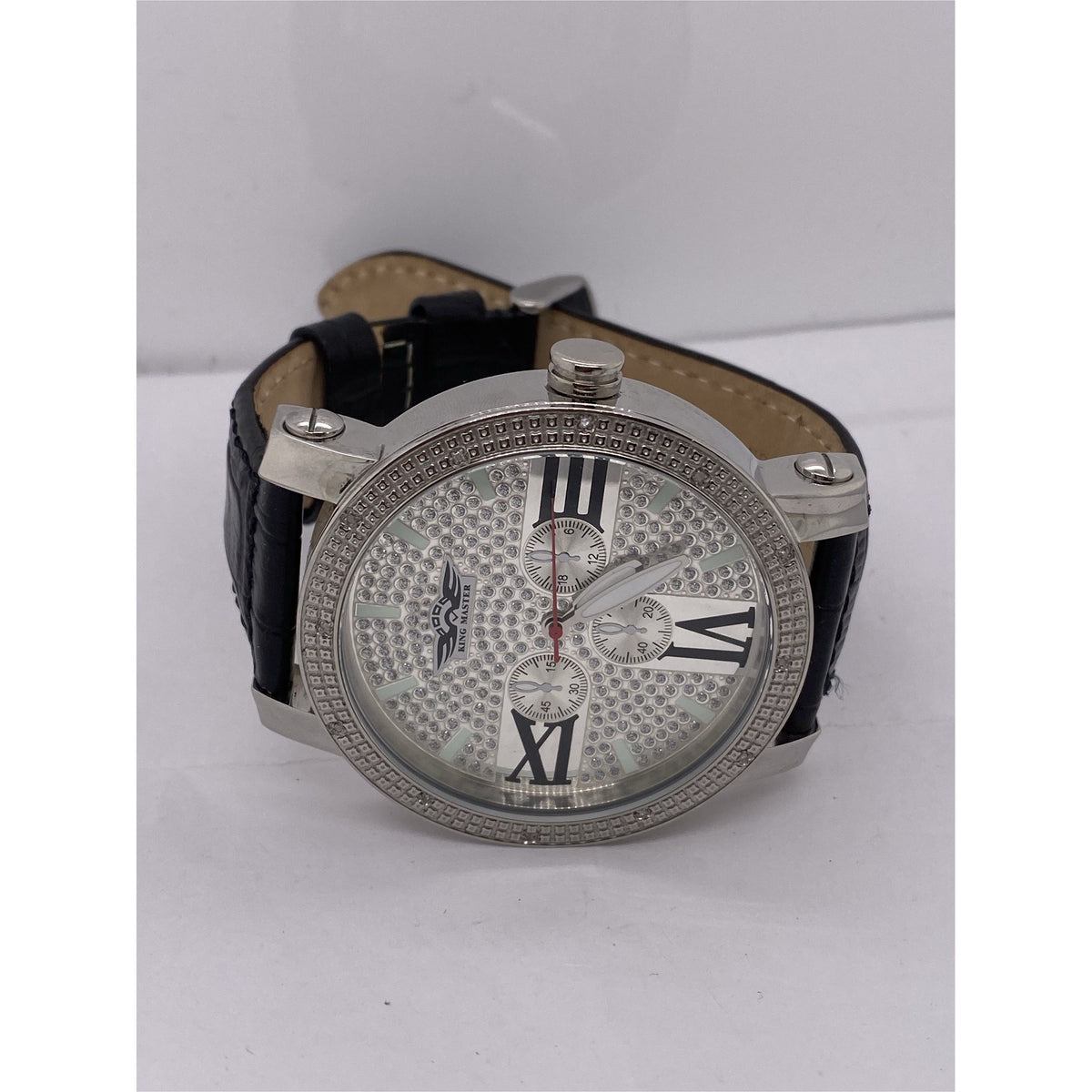 King Master Men's Silver Tone Dial Black Leather Strap Genuine Diamond Watch