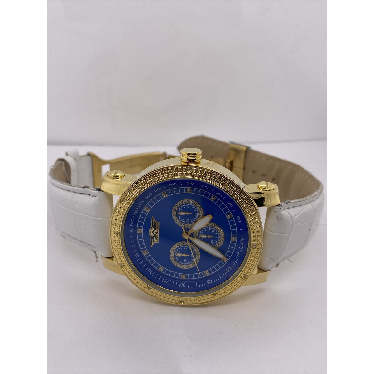 King Master Men's Gold Bezel Blue Dial White Leather Strap Watch