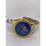 King Master Men's Gold Bezel Blue Dial White Leather Strap Watch