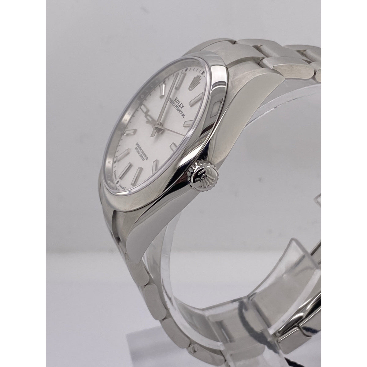 Rolex Men's Oyster Perpetual 39MM Silver Dial White Gold Bezel Oyster Bracelet Watch