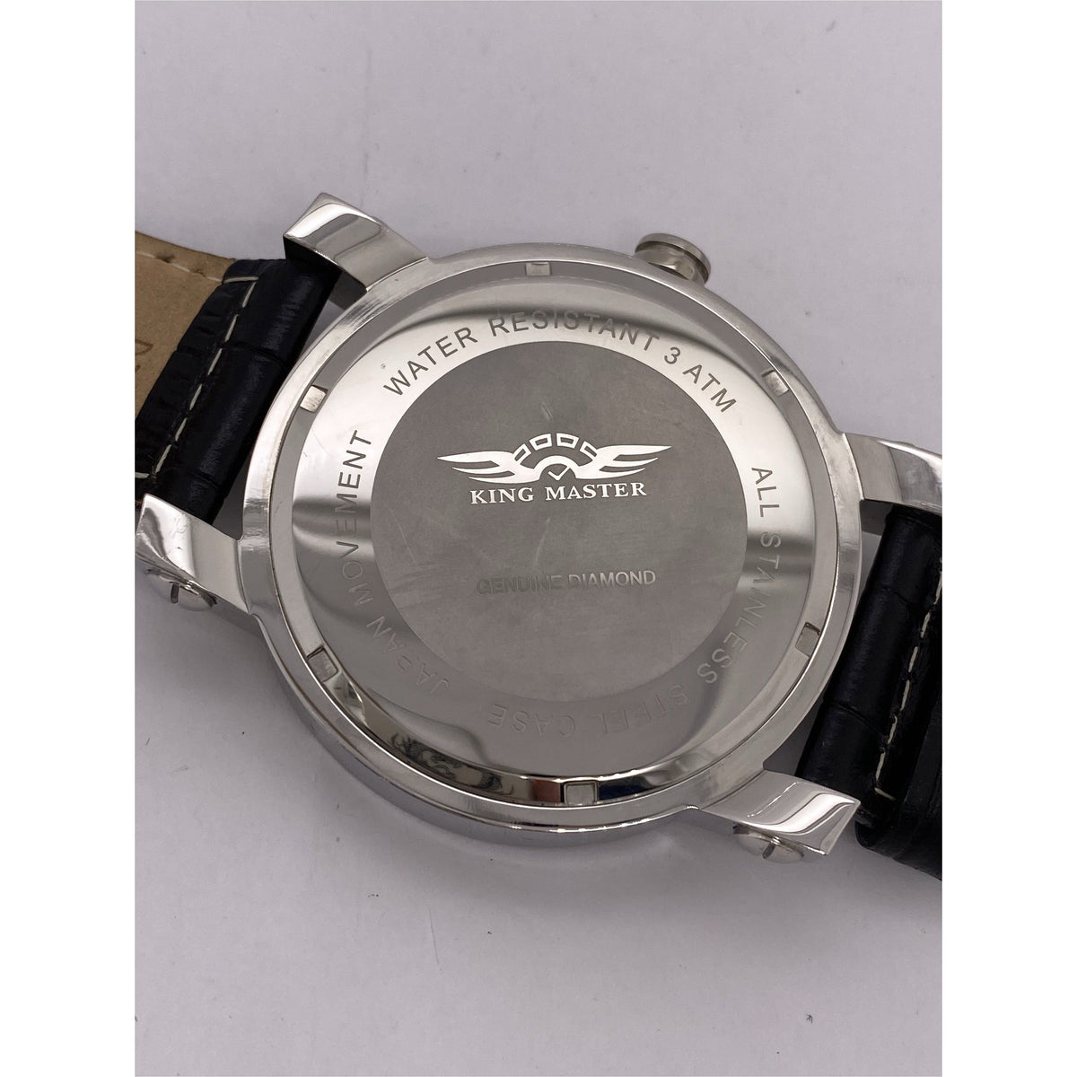 King Master Men's Silver Tone Dial Black Leather Strap Genuine Diamond Watch