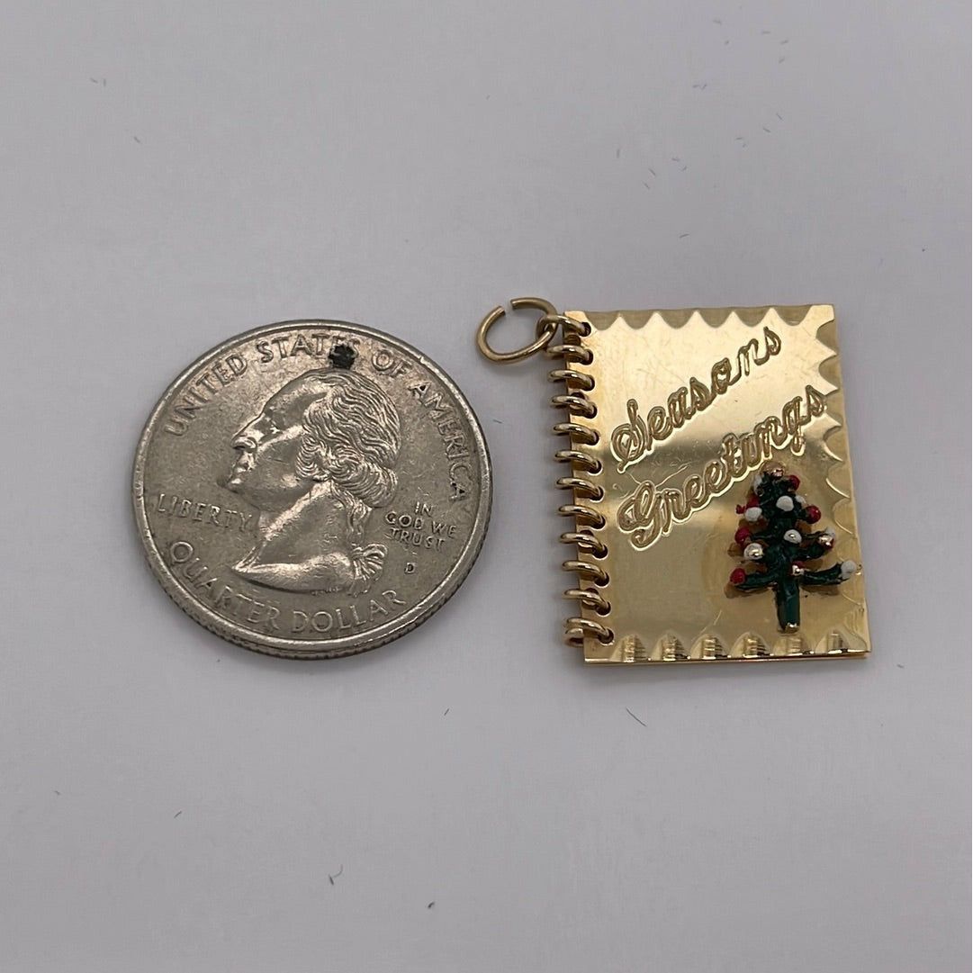 14K Yellow Gold Seasons Greetings Christmas Tree Charm Pendant P045
