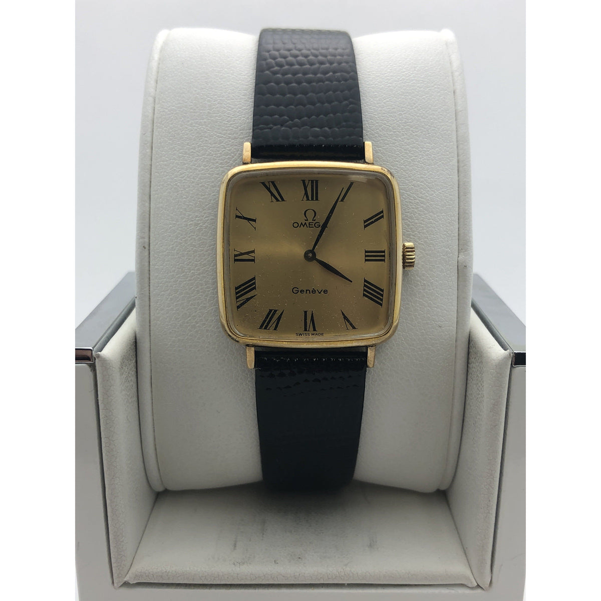 Omega Geneve Unisex Gold Tone Dial Black Leather Strap Watch