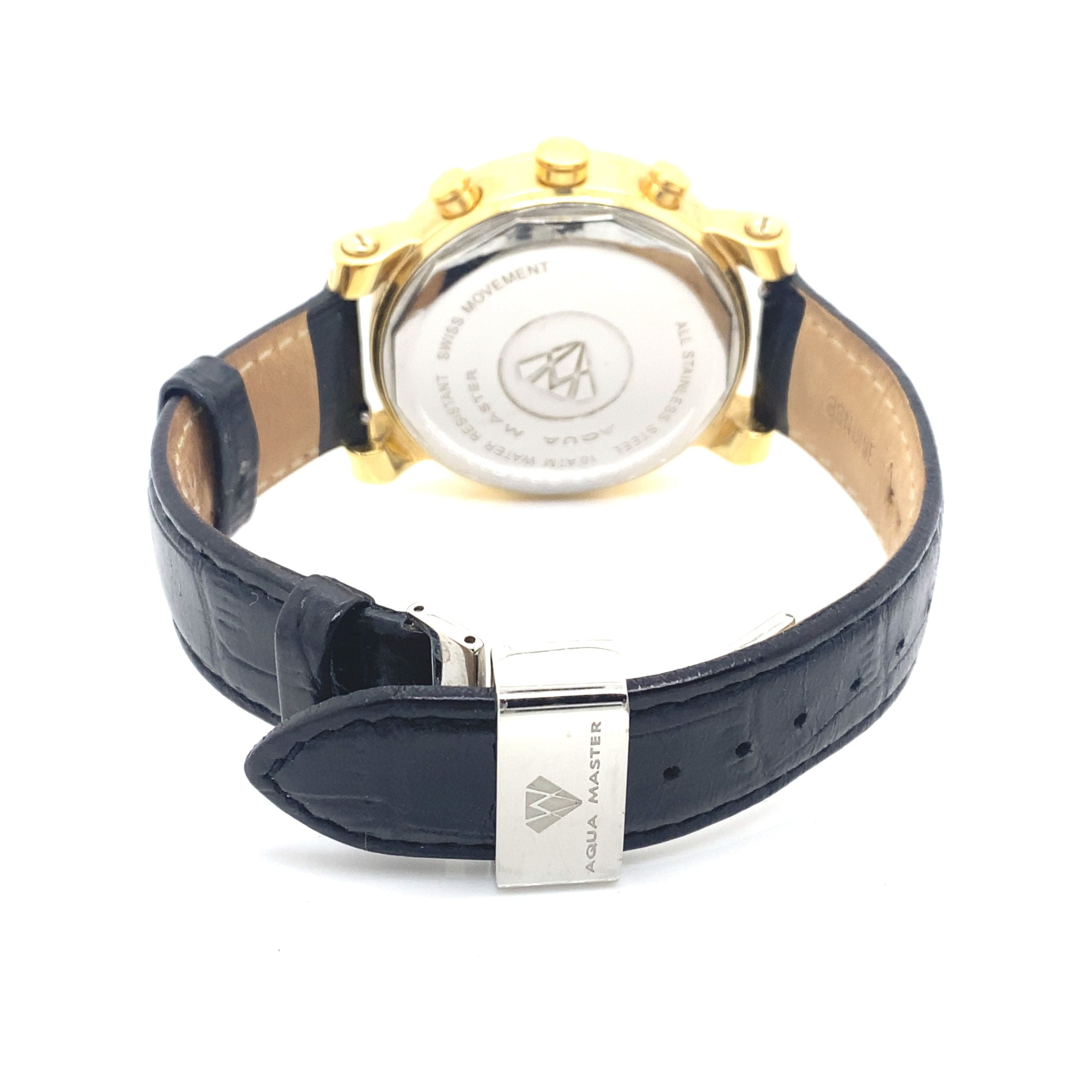 Aqua Master Men's Silver Dial Black Leather Strap Diamond Bezel