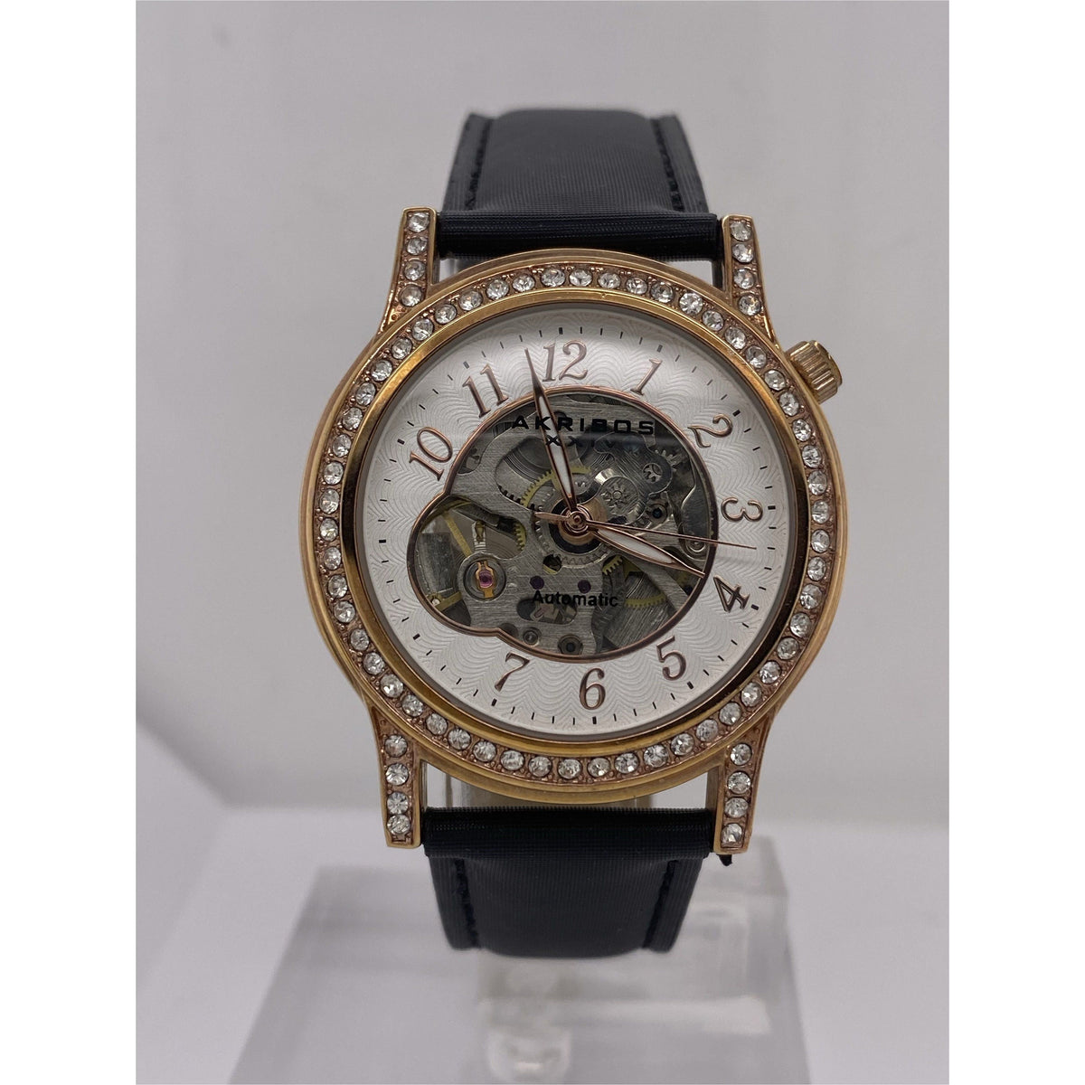 Akribos Ladies Silver Tone Dial Black Leather Strap Automatic Watch AK475RG