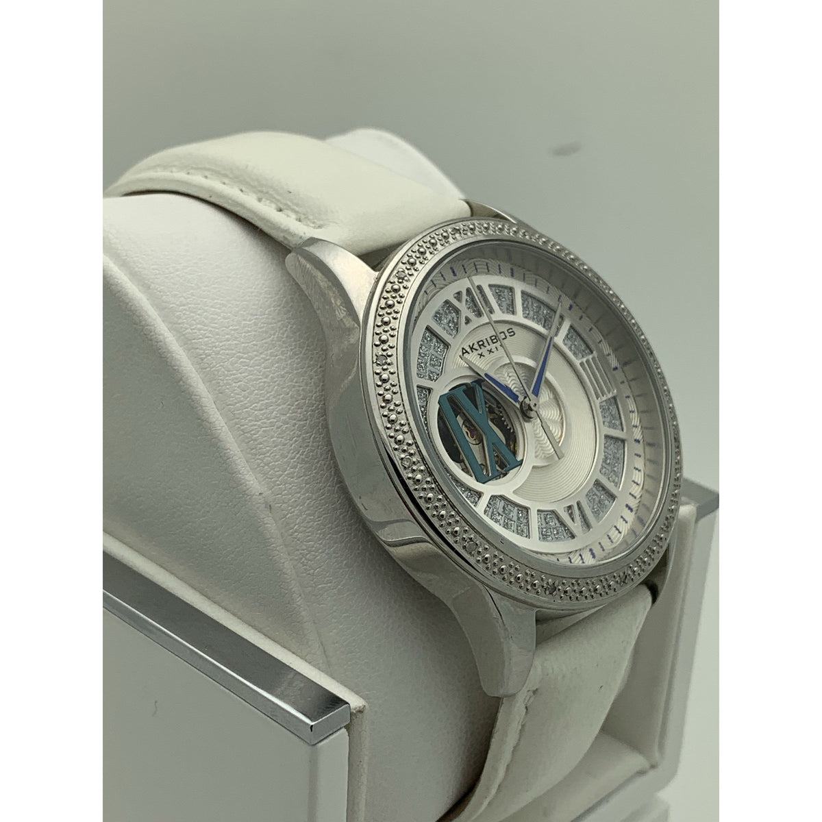 Akribos Ladies Silver Dial White Leather Strap Automatic Watch AK474SS