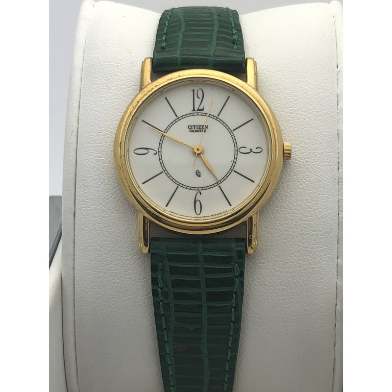 Citizen Ladies Quartz White Dial Stainless Steel Case Green Leather Watch 0082916