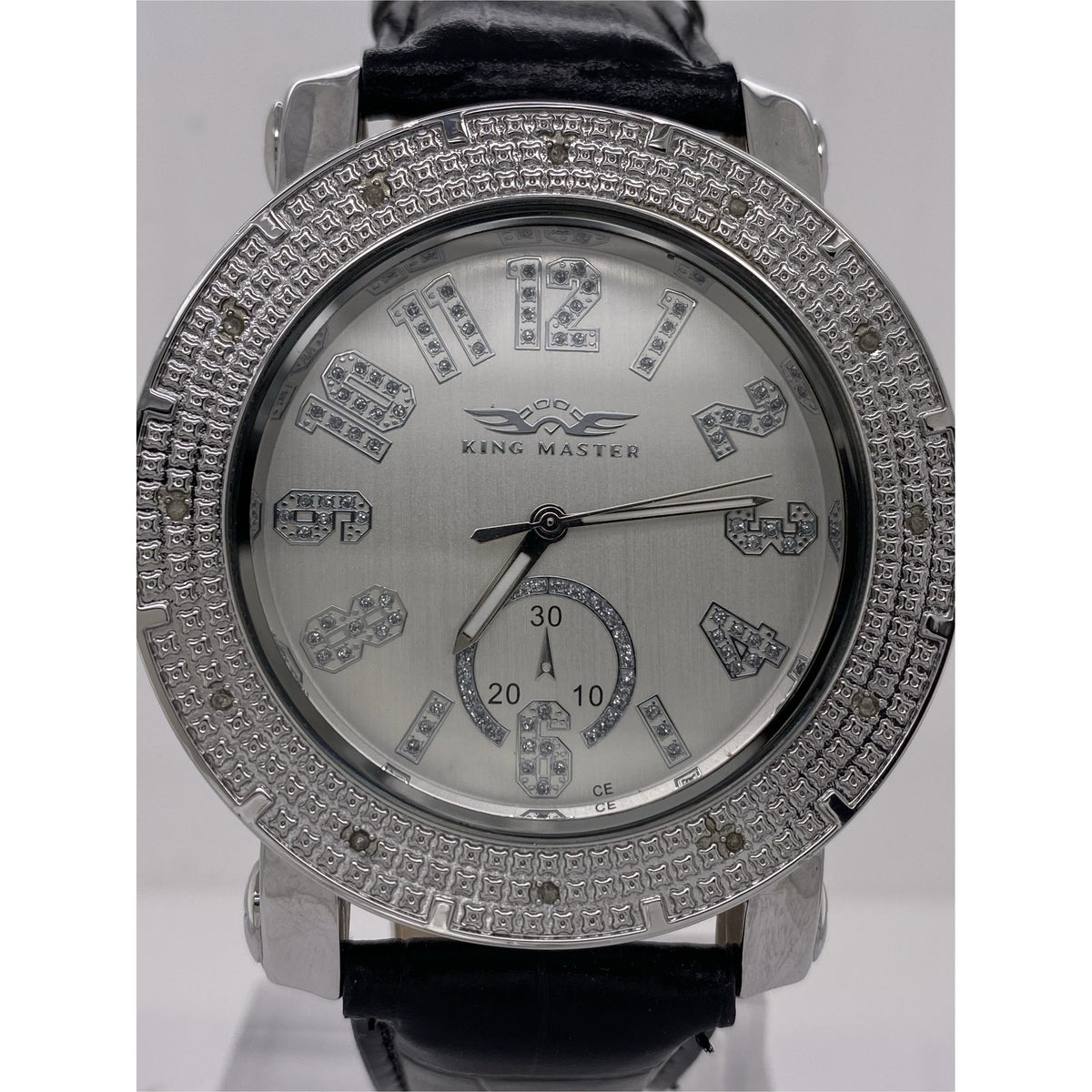 King Master Men's Silver Dial Black Leather Strap Diamond Bezel Watch 104M