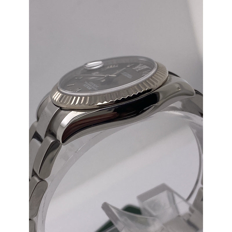 Rolex Ladies Oyster Perpetual Datejust Gray Dial White Gold Fluted Bezel Silver Oyster Bracelet Watch