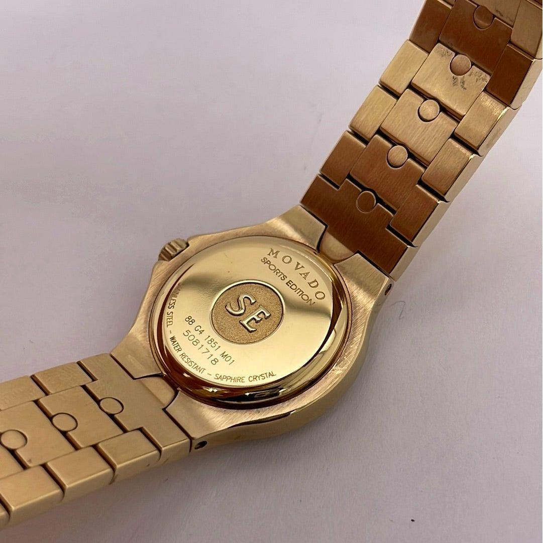 Movado Ladies Sport Edition Mother of Pearl Dial Gold Tone Stainless Steel Bracelet Swiss Quartz Movement Watch 0604727