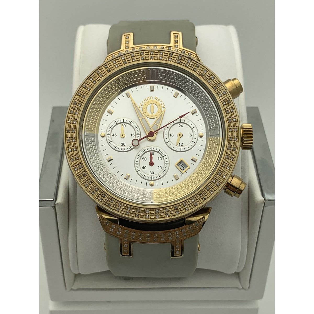 Techno Watch Men's Silver Dial Gold Tone Bezel Gray Rubber Strap Watch