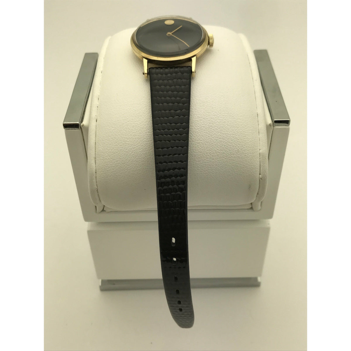 Movado Ladies 14K Yellow Gold Case Black Dial Black Leather Strap Watch