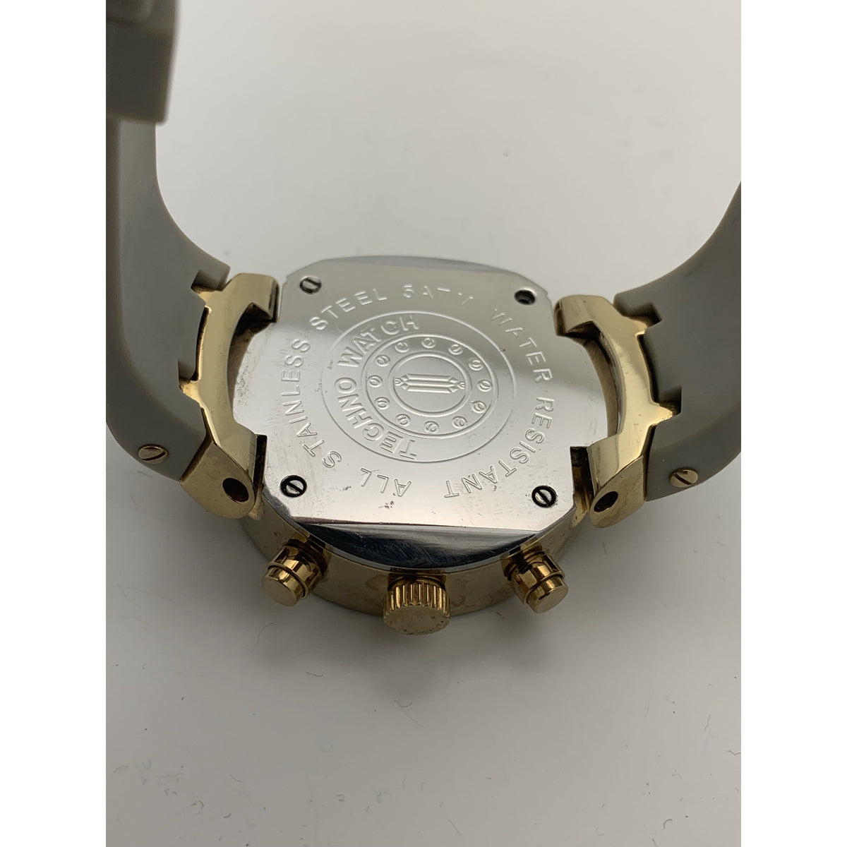 Techno Watch Men's Silver Dial Gold Tone Bezel Gray Rubber Strap Watch
