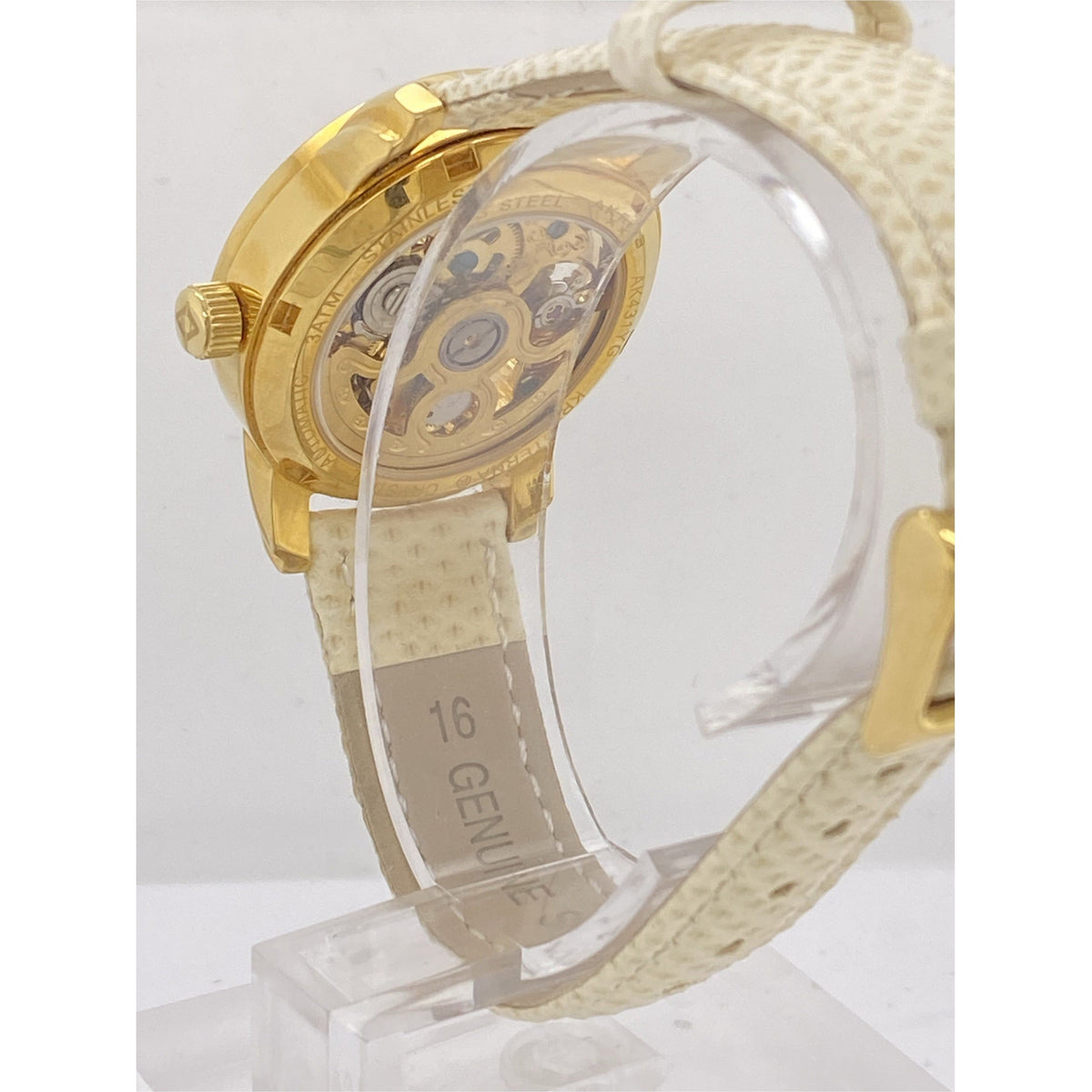 Akribos Ladies Yellow Gold Tone Skeleton Dial Beige Leather Strap Watch AK431YG