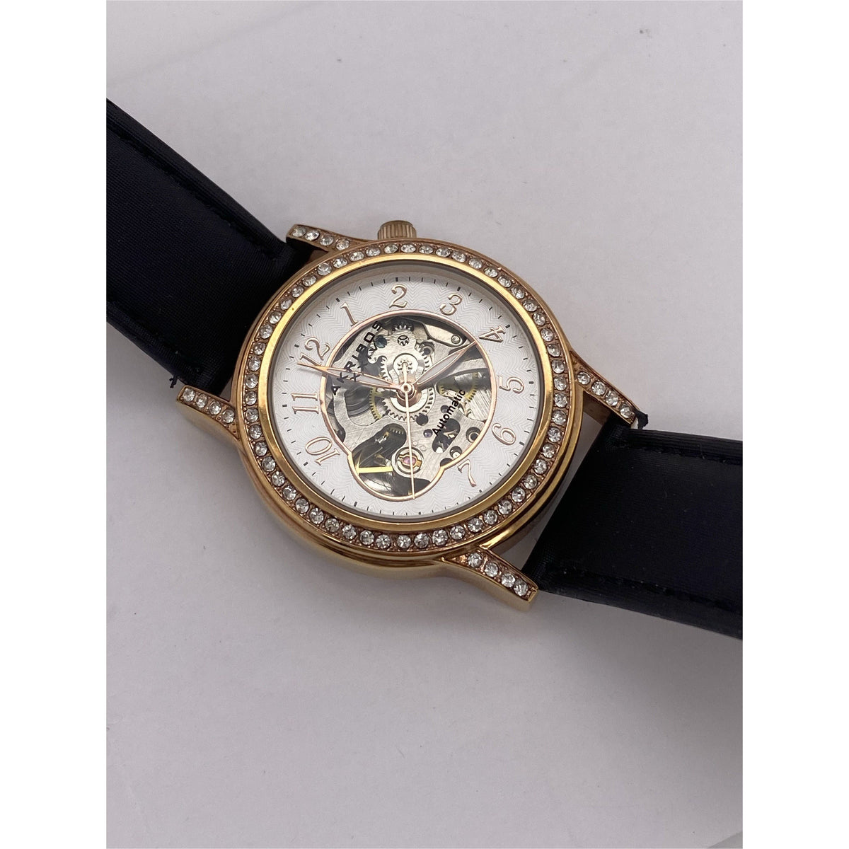 Akribos Ladies Silver Tone Dial Black Leather Strap Automatic Watch AK475RG