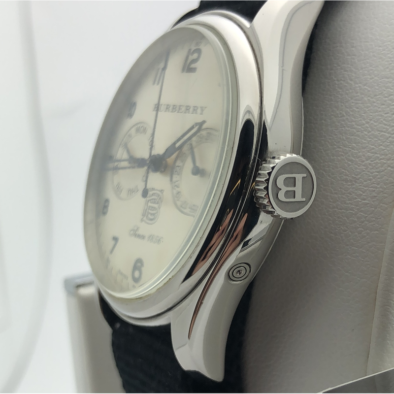 Burberry Unisex Silver Dial Day Date Black Nylon Strap Watch