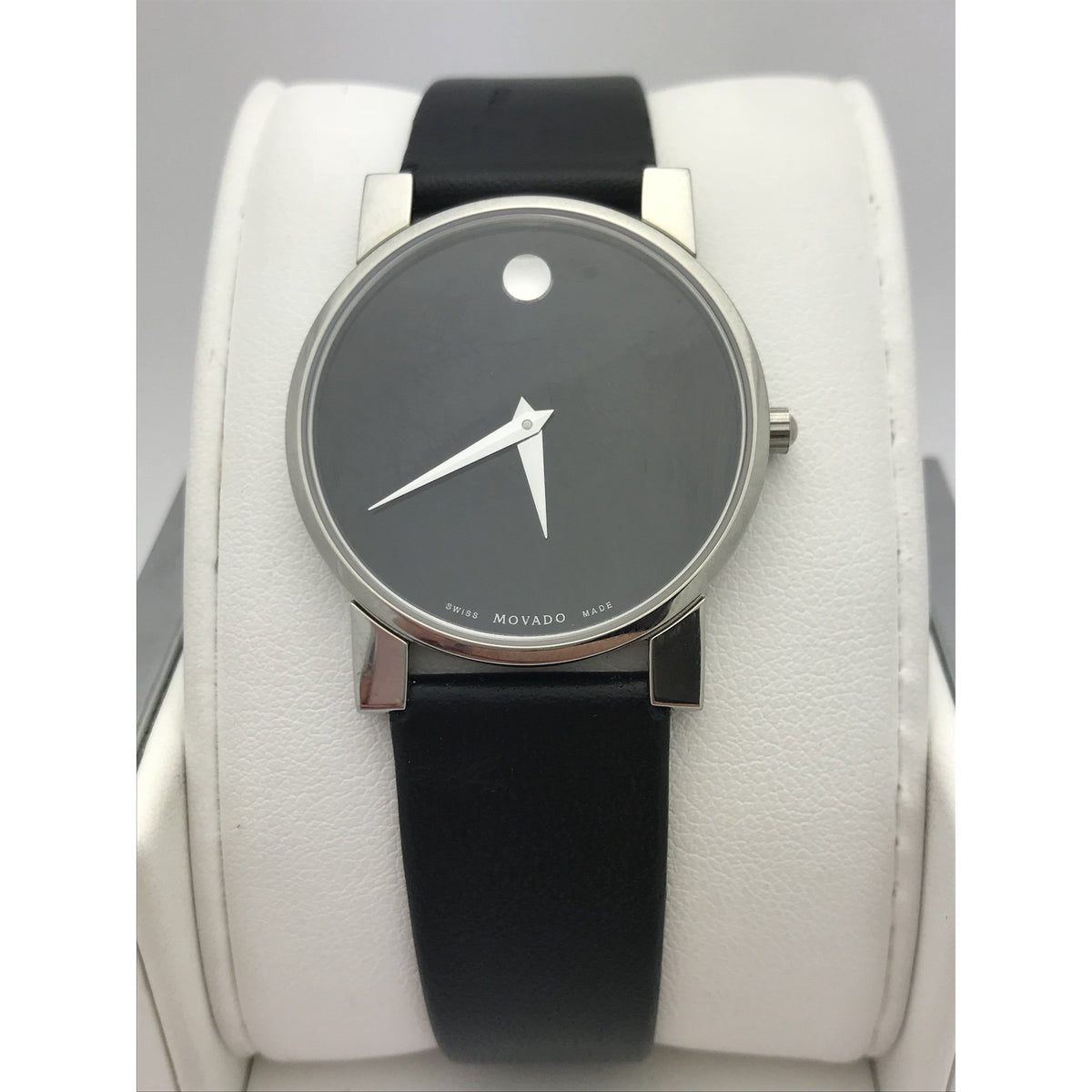 Movado Ladies Modena Black Museum Dial Black Leather Band Watch 0604231
