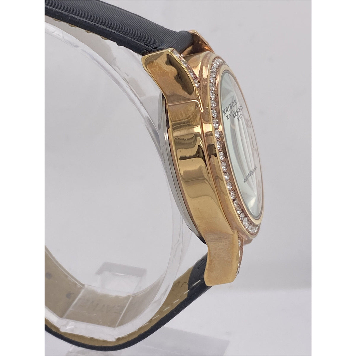 Akribos Ladies Silver Tone Dial Black Leather Strap Automatic Watch AK475RG