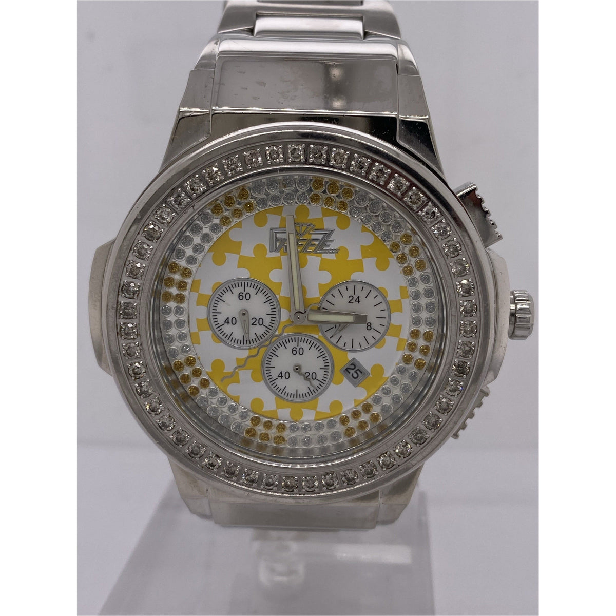 Freeze Men's Yellow/White Puzzle Piece Dial Silver Stainless Steel Bracelet Watch F4394
