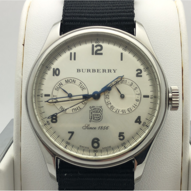 Burberry Unisex Silver Dial Day/Date Black Nylon Strap Watch