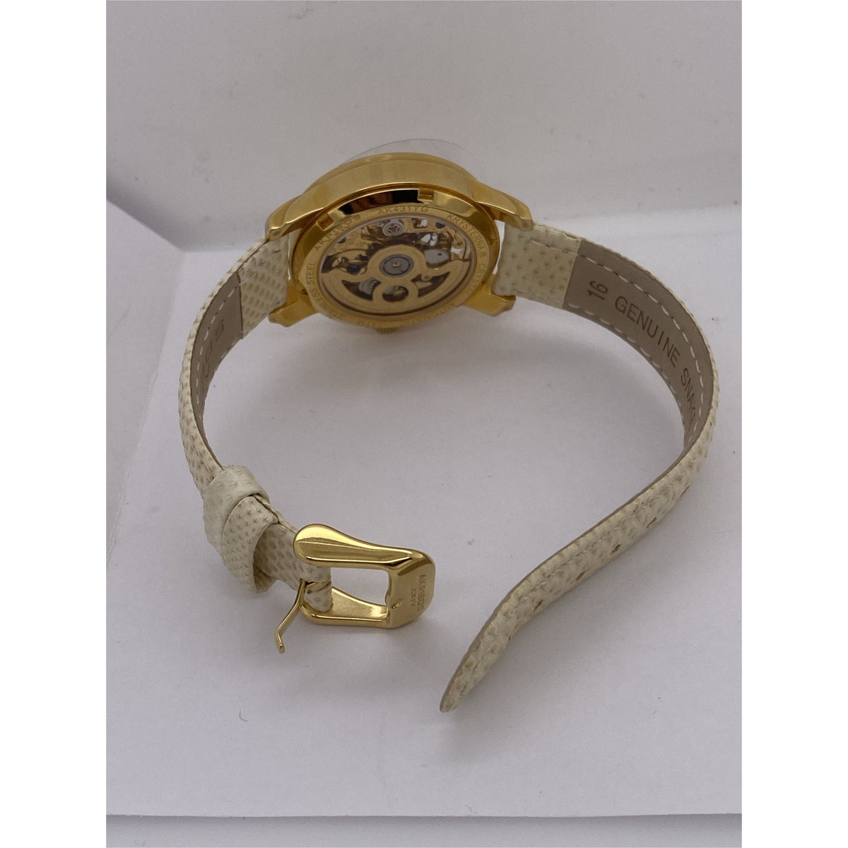 Akribos Ladies Yellow Gold Tone Skeleton Dial Beige Leather Strap Watch AK431YG