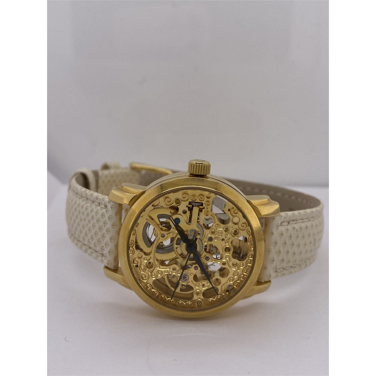 Akribos Ladies Yellow Gold Tone Skeleton Dial Beige Leather Strap Watch AK431YG