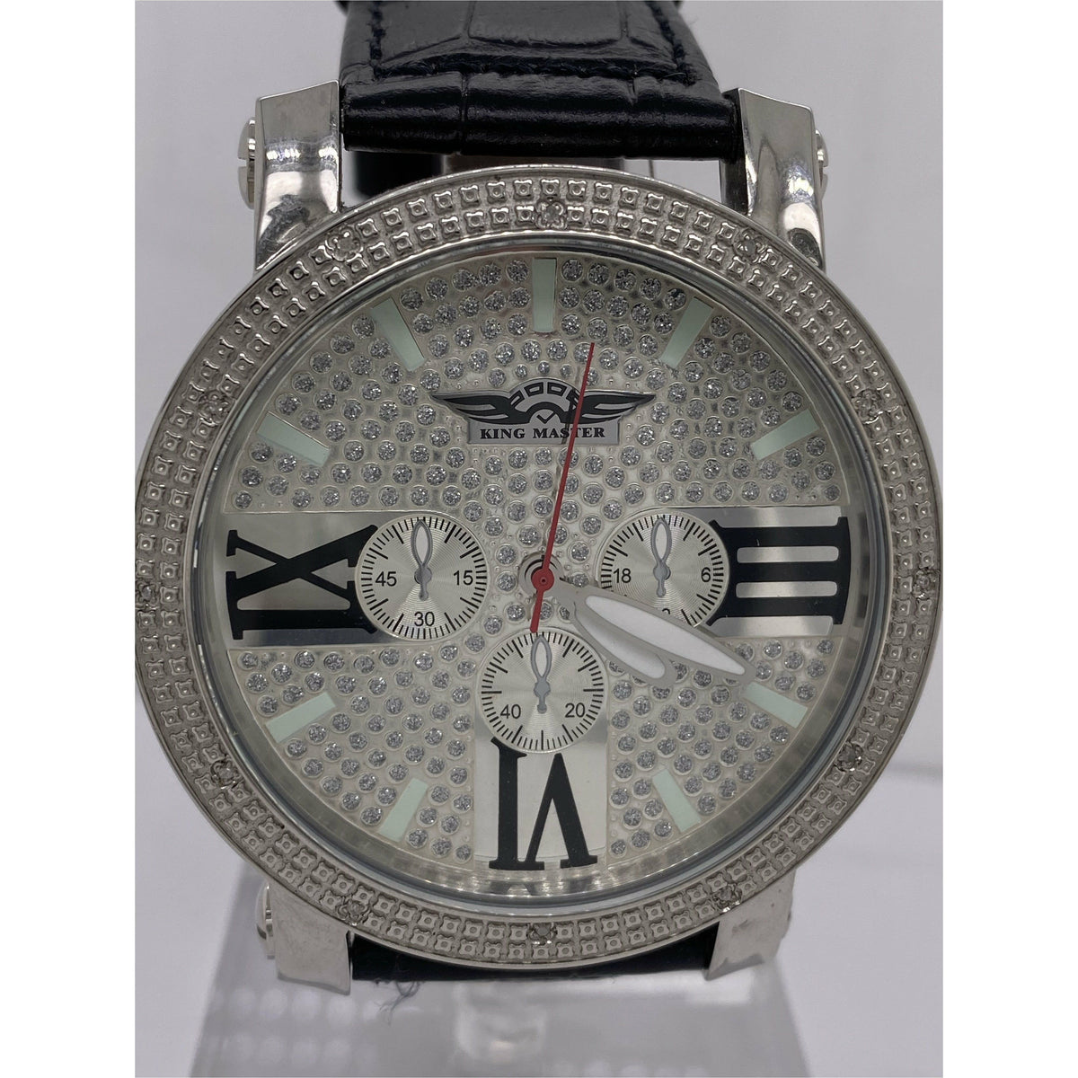 King Master Men's Silver Tone Dial Black Leather Strap Genuine Diamond Watch