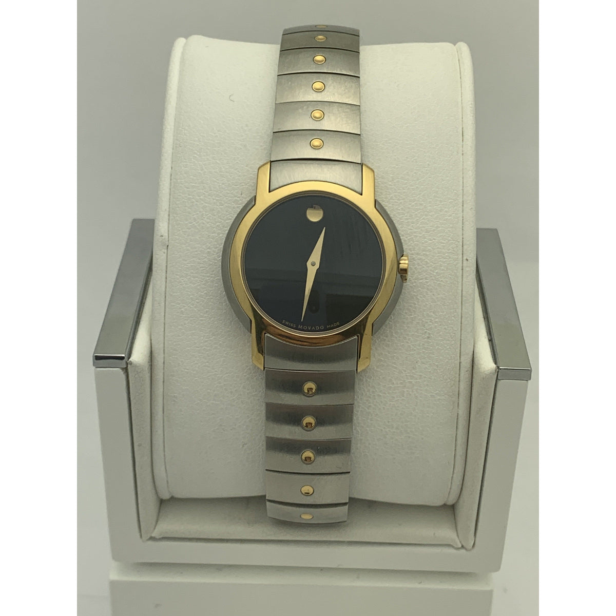 Movado Ladies Black Museum Dial 2 Tone Stainless Steel Bracelet Watch 81.G4.1832
