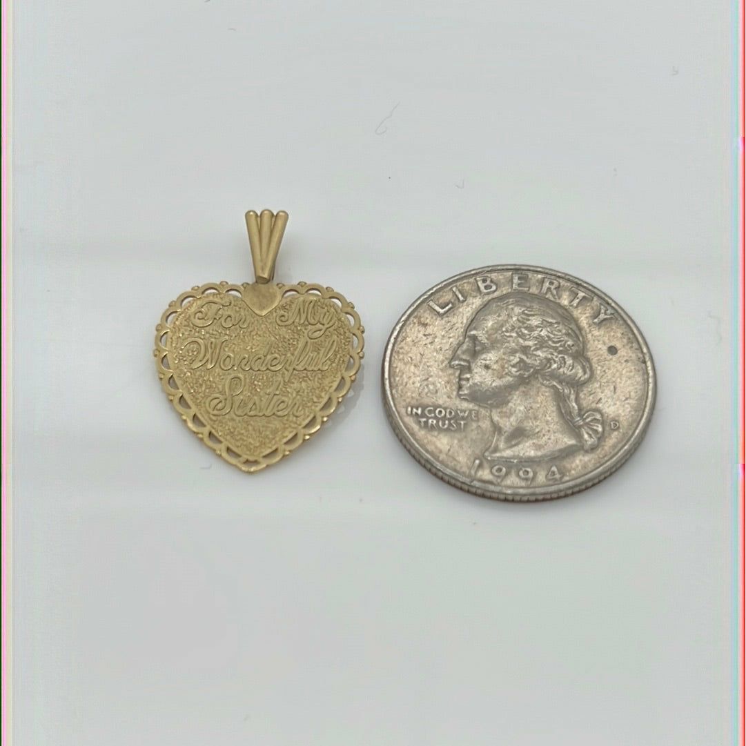 14K Yellow Gold For My Wonderful Sister Charm Pendant P019