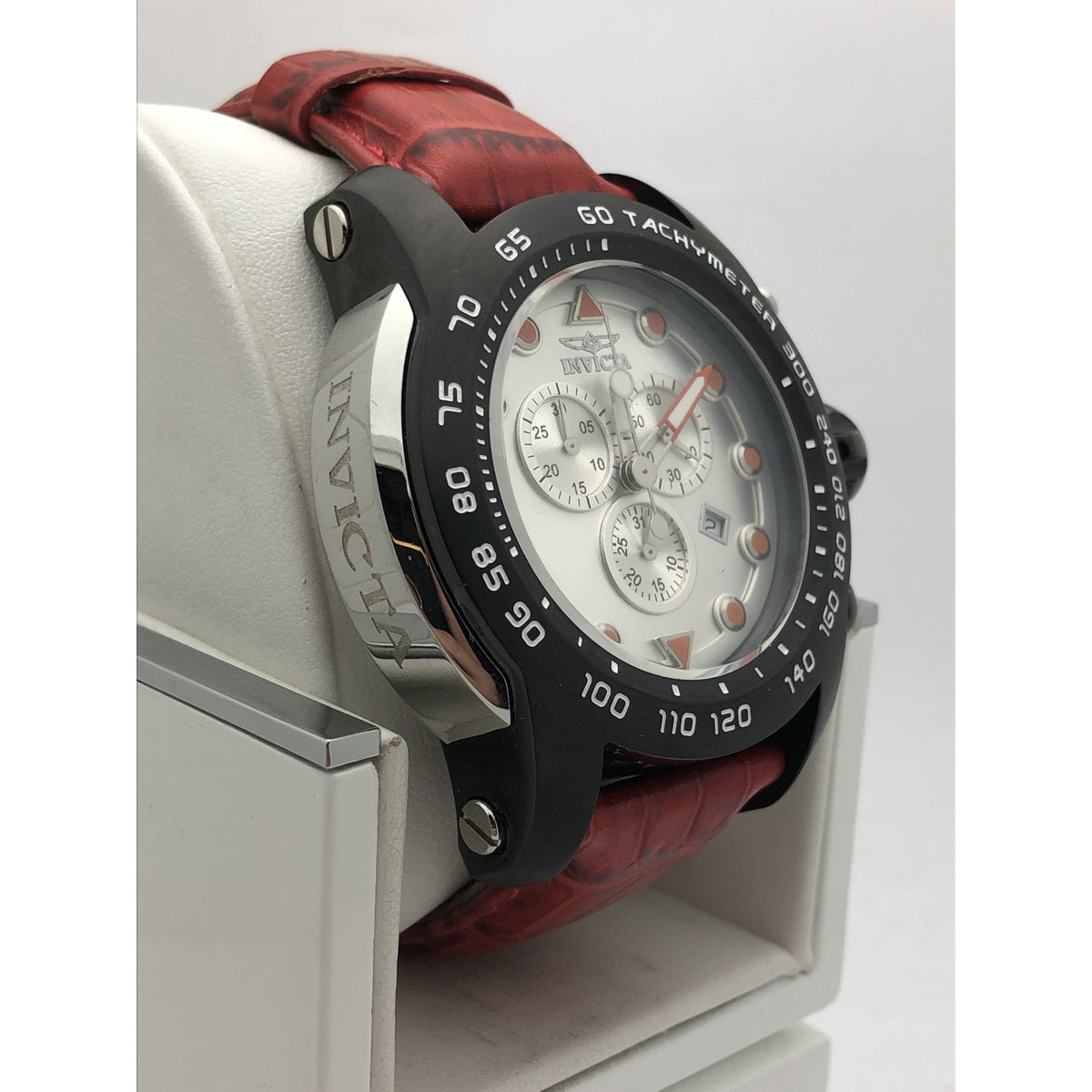 Invicta Pro Diver Men's Silver Tone Dial Red Leather Strap Watch 17808