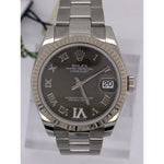 Rolex Ladies Oyster Perpetual Datejust Gray Dial White Gold Fluted Bezel Silver Oyster Bracelet Watch