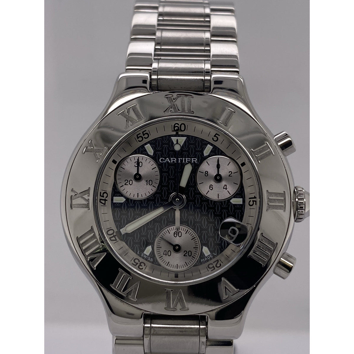 Cartier Black Pattern Dial Stainless Steel Bracelet Chrono Quartz Watch 2424/98395PL