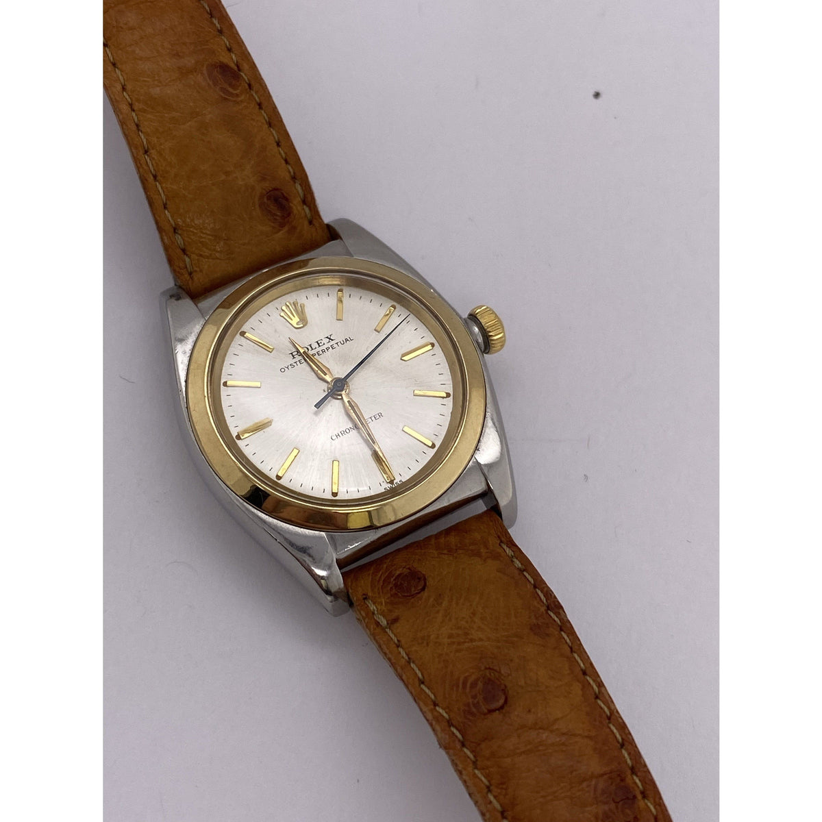 Rolex Oyster Perpetual Mid Size Chronometer Brown Leather Strap Watch 298321