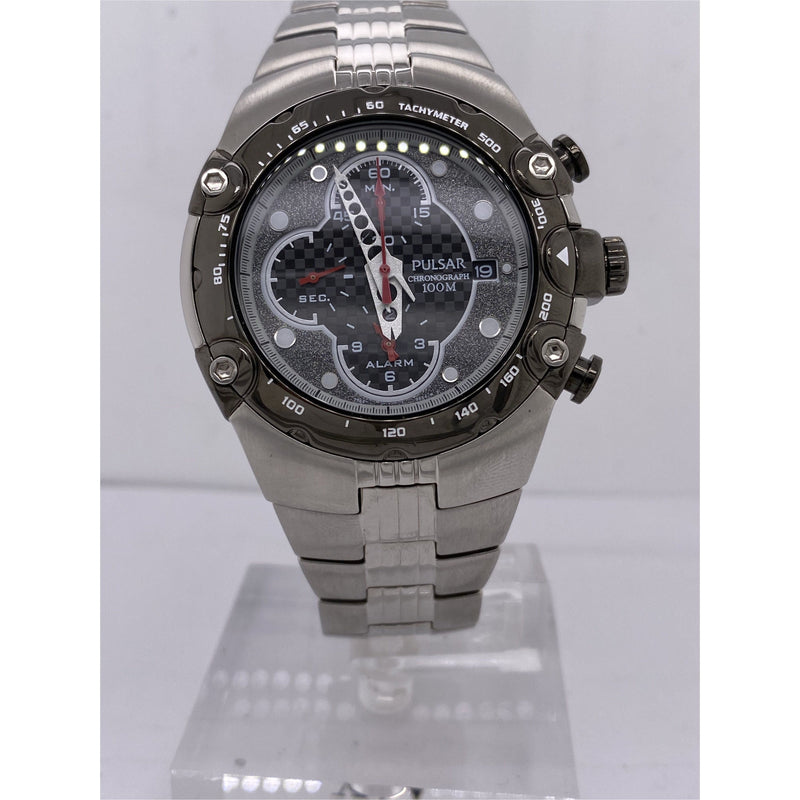 Pulsar Men's Chronograph 100M Grey Dial Silver Stainless Steel Bracelet Watch 670389
