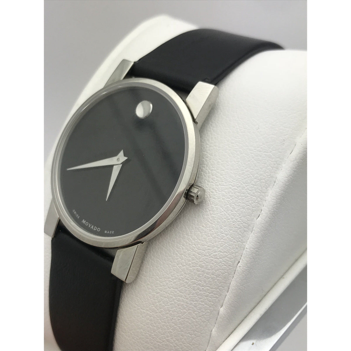 Movado Ladies Modena Black Museum Dial Black Leather Band Watch 0604231