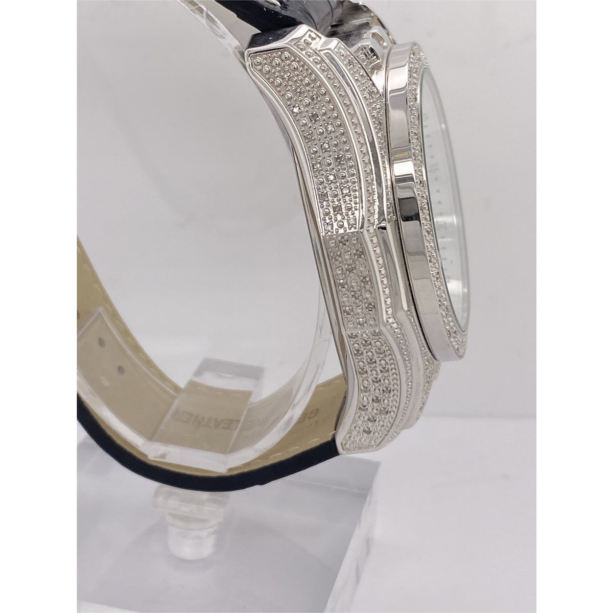 Techno Diezel Men's Diamond Bezel Blue/Silver Dial Black Leather Strap Watch
