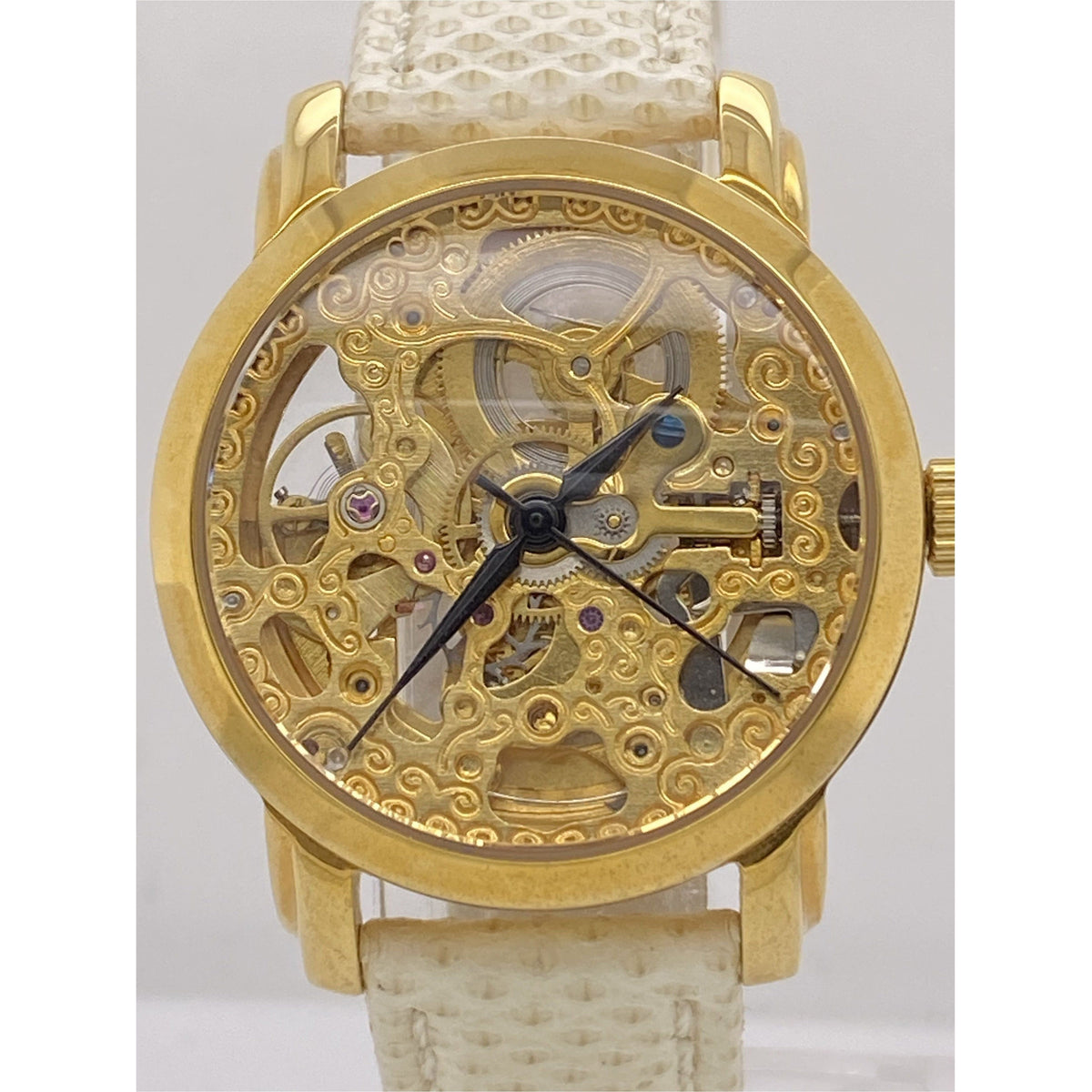 Akribos Ladies Yellow Gold Tone Skeleton Dial Beige Leather Strap Watch AK431YG