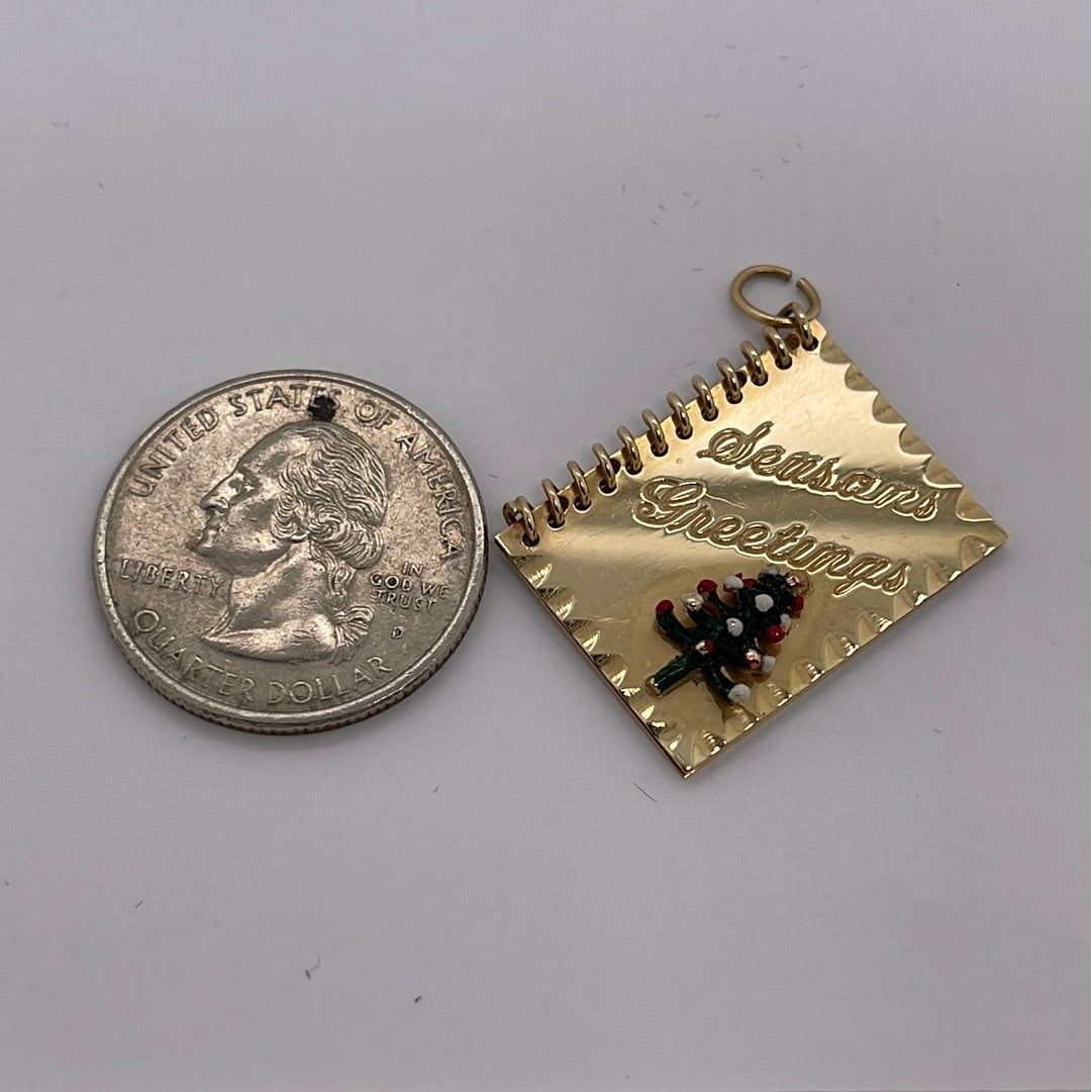 14K Yellow Gold Seasons Greetings Christmas Tree Charm Pendant P045