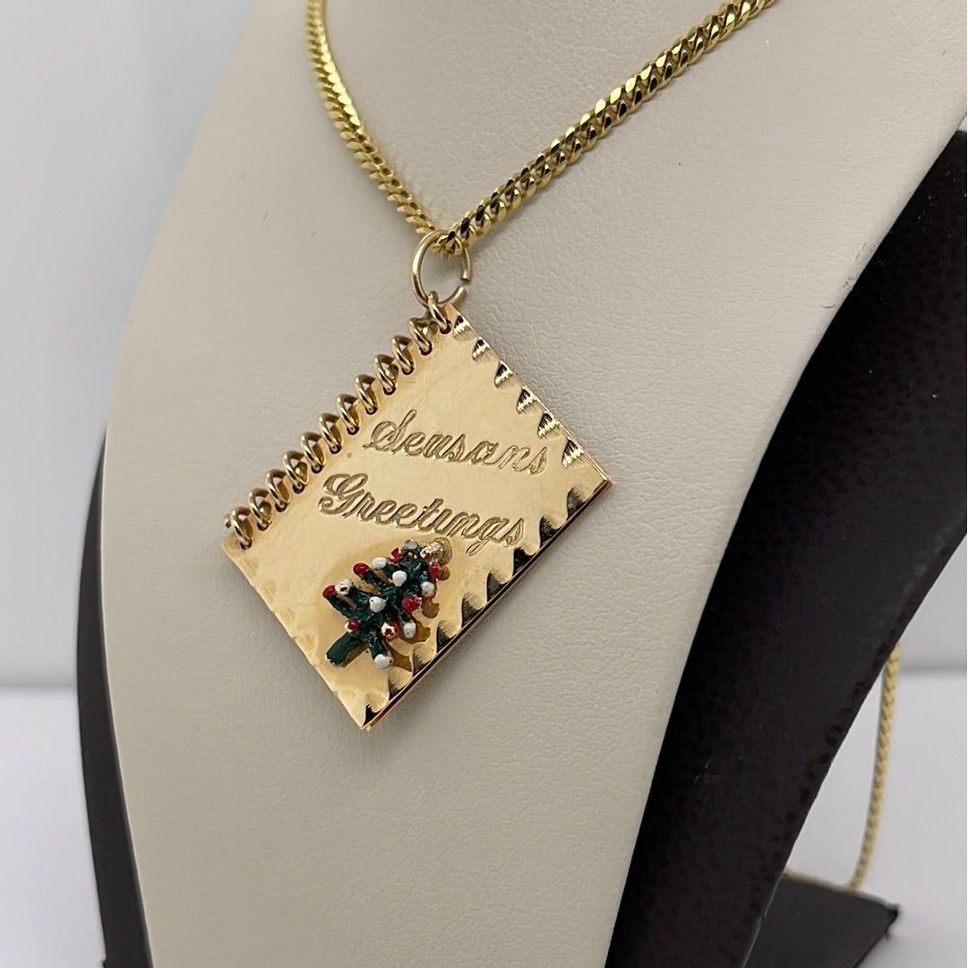 14K Yellow Gold Seasons Greetings Christmas Tree Charm Pendant P045