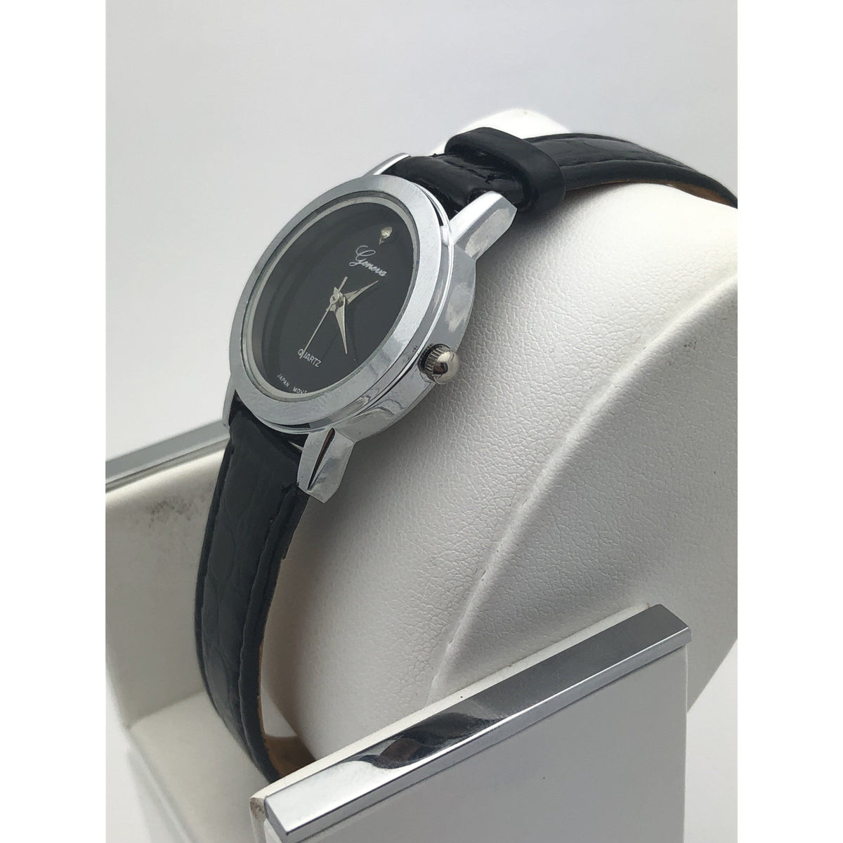 Geneva Ladies Quartz Black Dial Black Leather Band Watch 20018