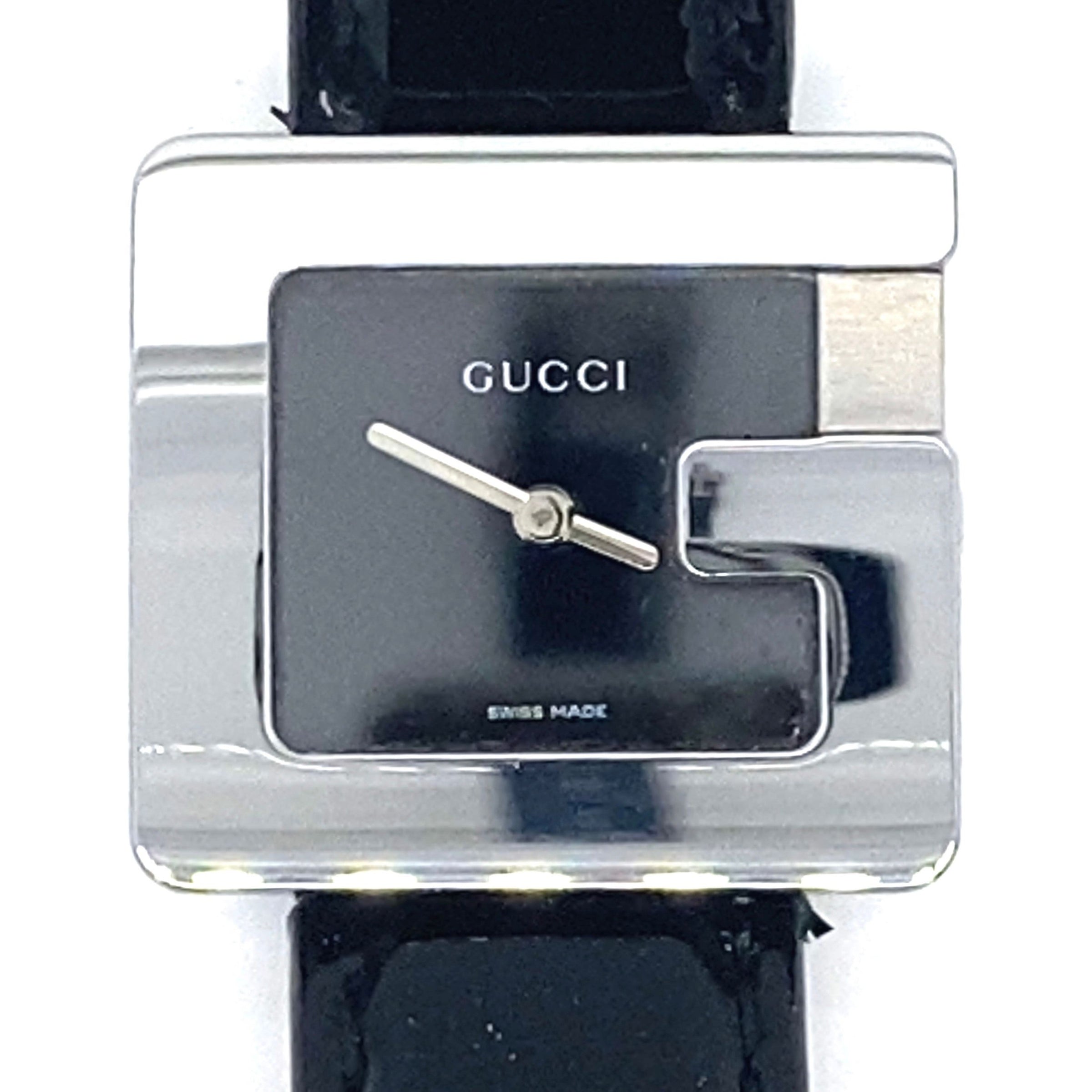 Gucci Ladies Black Dial 'G' Silver Shape Black Leather Strap Watch