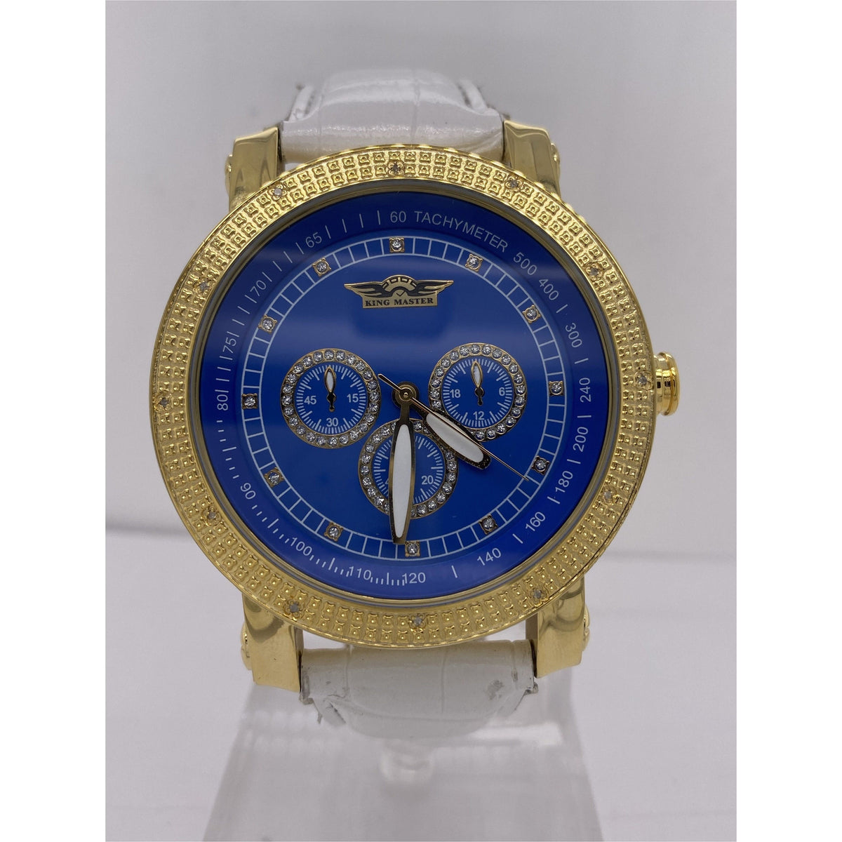 King Master Men's Gold Bezel Blue Dial White Leather Strap Watch