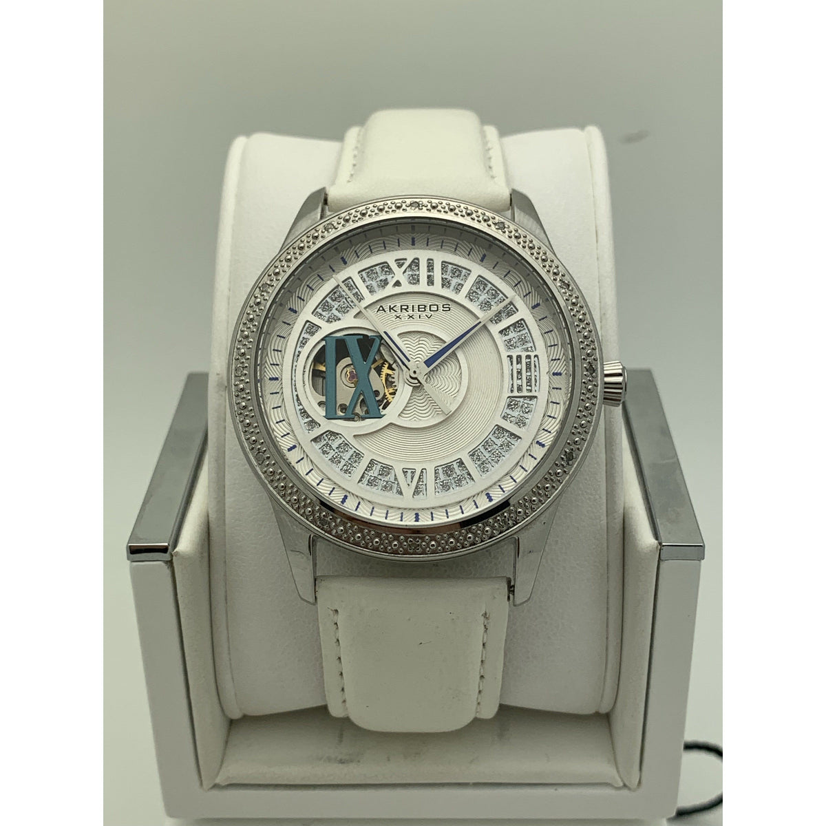 Akribos Ladies Silver Dial White Leather Strap Automatic Watch AK474SS