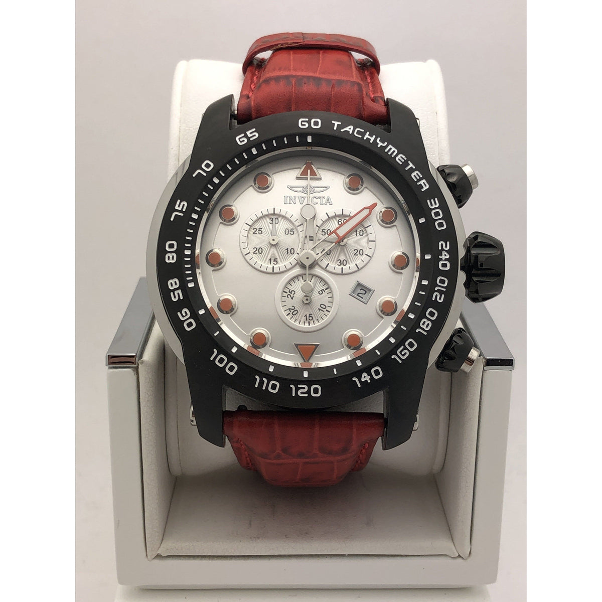 Invicta Pro Diver Men's Silver Tone Dial Red Leather Strap Watch 17808