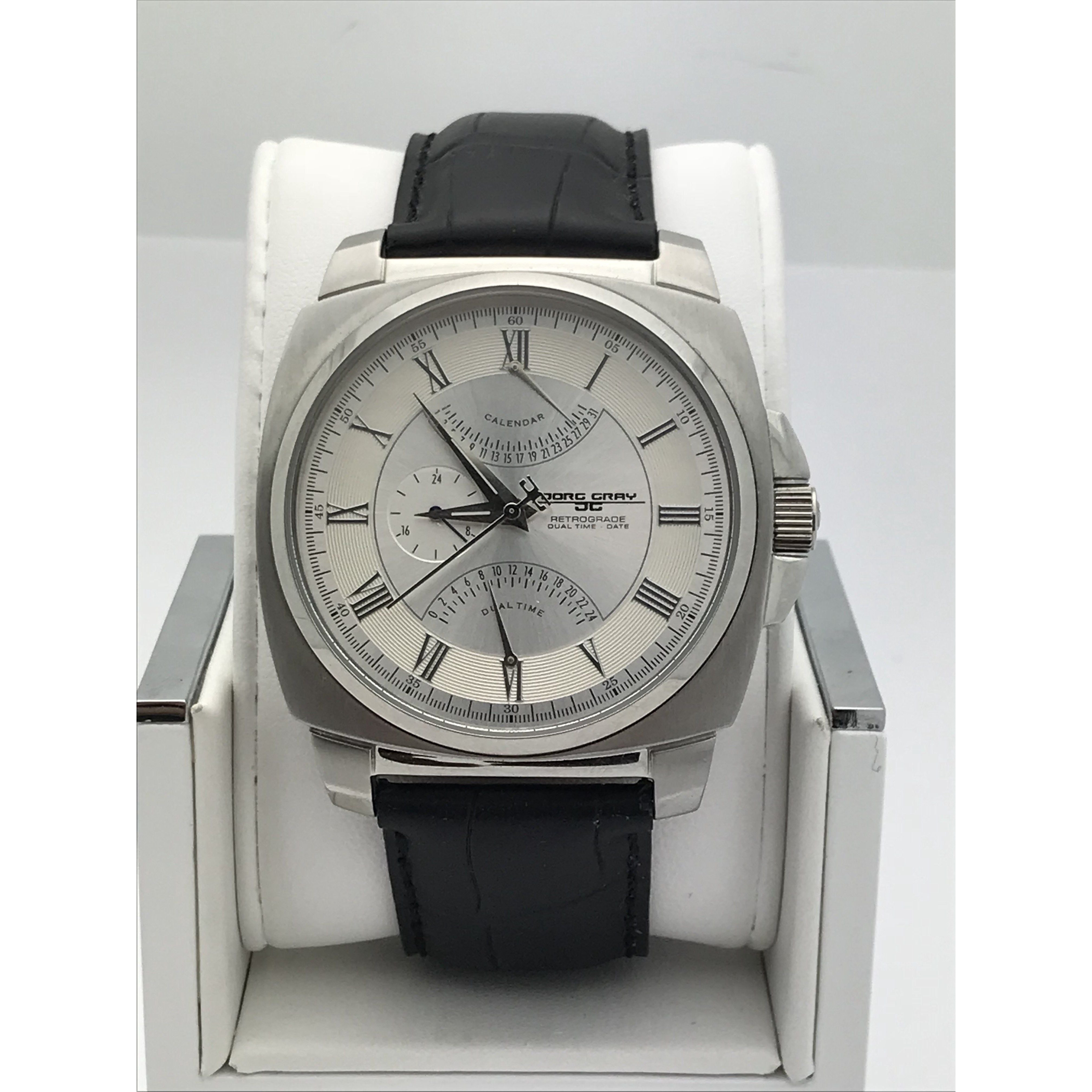 Jorg Gray Men's Square Silver Dial Black Leather Band Watch