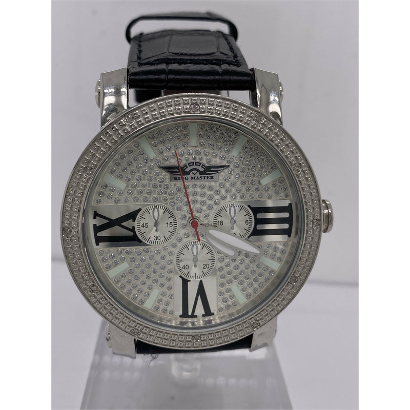 King Master Men's Silver Tone Dial Black Leather Strap Genuine Diamond Watch